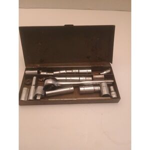 Assortment of Sockets Various Brands and Types  & Socket Wrench. In Metal Box